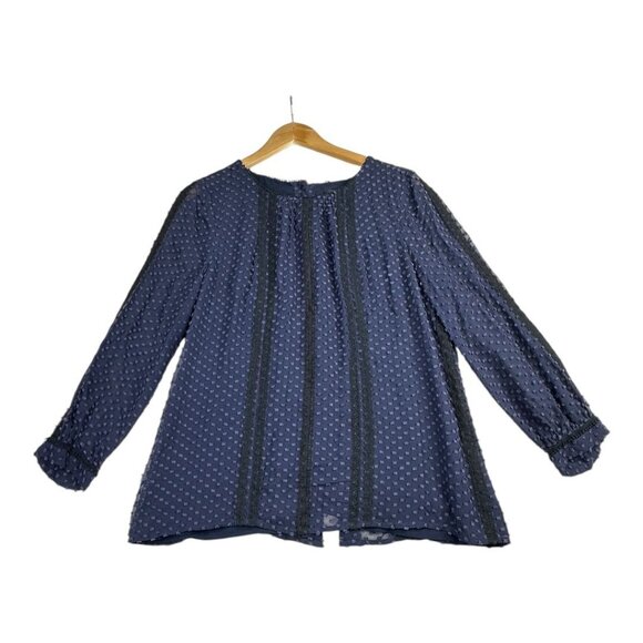 J. Crew Lace Trim Swiss Dot Silk/Cotton Blend Blouse‎ size 8 Blue Style#06687 - Picture 1 of 7